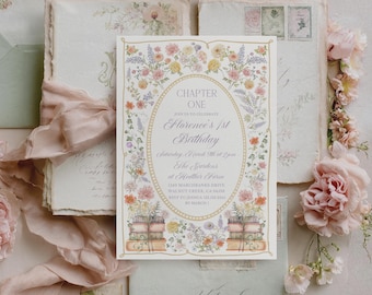 Floral Chapter One birthday invitation, Storybook 1st birthday, Pastel wildflower invite