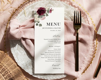 Menu card template, eucalyptus greenery birthday, baptism party menu printable, sage green pink burgundy floral wedding menu