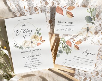 Fall wedding invitation boho autumn wedding suite, Fall floral pumpkin wedding invitation set