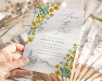 Floral Mountain Save The Date card wildflower wedding save the date template yellow blue spring flowers Boho wedding invitation