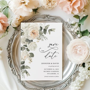 Greenery wedding save the date template sage green eucalyptus Peony roses White floral save the date card