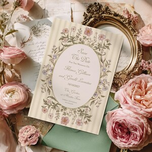Vintage bloemen Save The Date-kaart Groene streep bruiloft save-the-date sjabloon, lente zomer roze blauwe bloemen save the dates