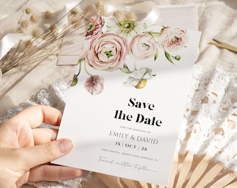 Blumen Save the date Karte Rosa Blumenhochzeit Save the Date Vorlage, Frühlingssommer boho Hochzeit lädt ein