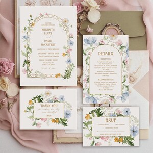Conjunto de convites de casamento Art Nouveau com flores silvestres | Modelo vintage e colorido para festa no jardim floral | Download digital do design do cartão Corjl