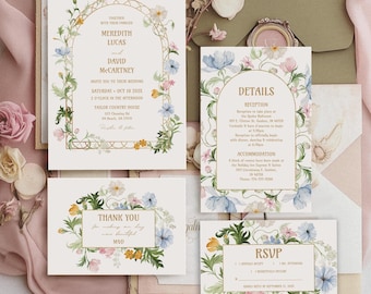 Art Nouveau Wildflower Wedding Invitation Suite | Vintage Colorful Floral Garden Party Template | Corjl Digital Download Card Design