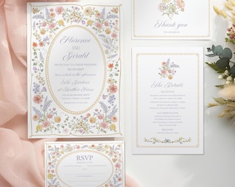Suite de faire-part de mariage floral pastel, modèle d'invitation de garden-party vintage fleurs sauvages, amour en fleurs