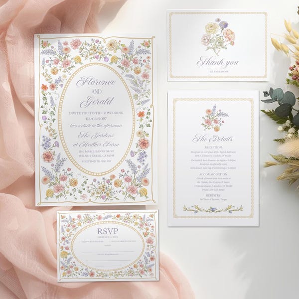 Conjunto de invitaciones de boda con motivos florales en tonos pastel, plantilla de invitación para fiesta en el jardín con flores silvestres vintage.