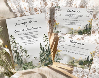 Forest wedding invitation Woodland wedding invite set template, 2024 boho wood mountain invitation suite