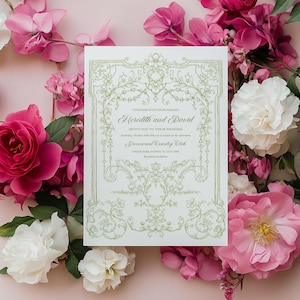 Grüne Hochzeitseinladung Vintage Blumenrahmen Hochzeitseinladung französischer Garten Chinoiserie Royal Regentschaft viktorianische Hochzeitseinladung