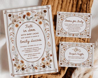 May include: Baby shower invitation and inserts with floral design. The invitation reads "Fall in Love with Baby Lucas" and includes event details. The inserts include "Books for Baby" and "Diaper Raffle". The design features brown and beige tones.