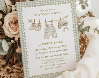 Invitación para baby shower de cuadros vichy verde salvia, plantilla editable con tendedero neutro y chispas.