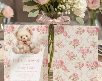 Pink Bow Teddy Bear Baby Shower Invitation: Girl Coquette Grandmillennial Editable Template