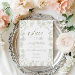 Sage green Save The Date card Vintage floral wedding invitation, french garden Toile de jouy style, Chinoiserie wedding save the date