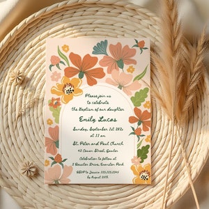 Floral Baptism invitation girl Christening invitation, Handwritten invite, Whimsical Pastel wildflower Hand drawn baptism invite spring