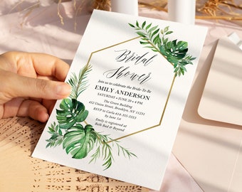 Tropical bridal shower invitation boho beach bridal shower invite, greenery monstera palm leaf bridal shower invitation template