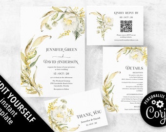 Wildflower wedding invitation template  botanical daisy wedding suite, Boho spring summer floral wedding invitation