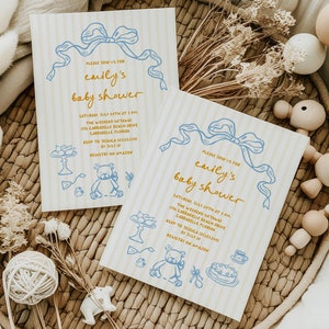 Handgezeichnete Jungen-Babypartyeinladung Teddybär-Babypartyeinladung Handgeschriebene wunderliche Bogen-Babyparty-Brunch-Einladung