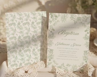 Sage Green Toile Baptism Invitation, Vintage French Floral Chinoiserie Christening (Editable Template)