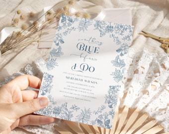 Something blue before I do bridal shower invitation Vintage Floral Chinoiserie bridal shower invite, dusty blue Toile bridal invitation