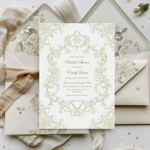 Green crest bridal shower invitation Chinoiserie floral bridal shower invite, Classic baroque Regency Victorian bridal shower invite