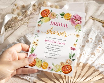 Citrus bridal shower invitation Pink floral lemon oranges bridal shower invite template She found her main squeeze Spring bridal invite