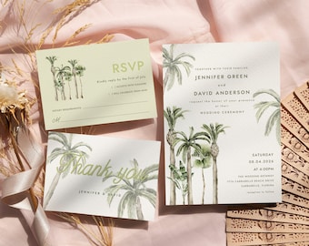 Palm tree wedding invitation Beach wedding invite template, Boho tropical Destination wedding invitation suite