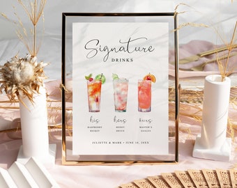 Signature Drinks Sign Template, Minimalist wedding Drink Menu, His and her drink sign Wedding bar menu Signature Cocktails sign