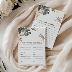 Baby word scramble game tropical baby shower game printable, Summer beach palm leaf Girl baby shower games