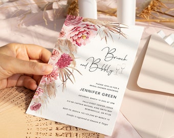Pampas Bridal brunch invitation Brunch and Bubbly Invite, pink floral bridal tropical bridal shower brunch invite