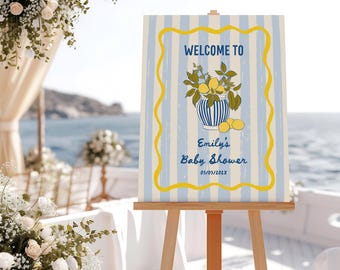 Lemon Ciao Baby Shower Welcome Sign: Mediterranean Citrus Decor, Blue Stripes (Digital Download)
