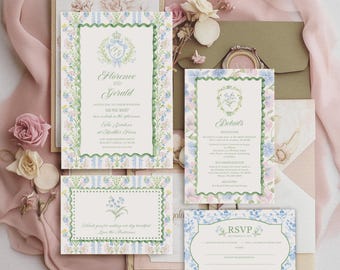 Suite de faire-part de mariage floral pastel : modèle modifiable vintage de garden-party botanique grand-millénaire