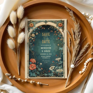 Jugendstil Save The Date Karte Grüne Blumen Hochzeit Save the Date, Botanischer Fantasiegarten Vintage Save the date