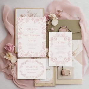 Pink Toile wedding invitation suite Classic floral wedding invite, details card, French Toile de Jouy Vintage Chinoiserie wedding invite set