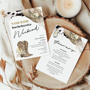 Cowgirl bachelorette party invitation and Itinerary, Western Cowgirl Boots Last rodeo bachelorette weekend, Nash Bash bachelorette invite
