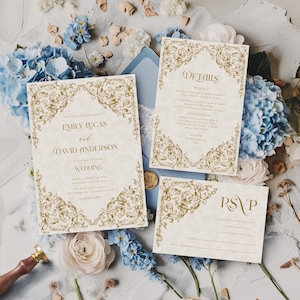 Conjunto de convites de casamento vitoriano Moldura barroca Convite de casamento, cartão de detalhes, RSVP, Obrigado, Casamento floral vintage neutro bege dourado