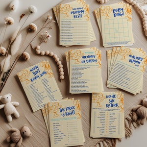 Citrussinaasappels babyshower spelletjes bundel, Ciao babyshower decor, handgetekende mediterrane Italiaanse jongensshower spelletjes set van 8