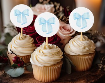 Baby shower Cupcake Toppers Blue bow Baby shower decorations tags PRINTABLE, Minimalist Ribbon boy party decor Cookie favor tags