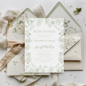 Sage green engagement party invitation Chinoiserie engagement invite Vintage floral wedding shower, Green toile Engagement invitation