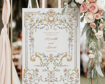 Chinoiserie Wedding welcome sign, Vintage Gold Pink Floral Baroque Regency Wedding Decor