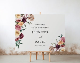 Pink burgundy Wedding Welcome Sign template Floral Wedding decor, Burgundy flowers welcome poster PRINTABLE