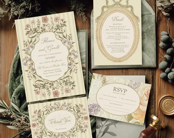 May include: A collection of vintage-style wedding stationery, including invitations, RSVP cards, and details cards. The cards feature floral wreath designs, soft pastel colors, and elegant script fonts. The invitation reads "Florence and Gerald" with the wedding date.