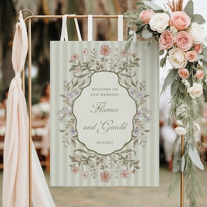 Pink Floral Wedding Welcome sign Wedding sign, Vintage preppy Garden party Welcome sign, Sagre green stripes welcome sign