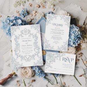 Conjunto de invitación de boda con diseño floral azul, invitación de boda con escudo victoriano, estilo chinoiserie vintage y barroco.