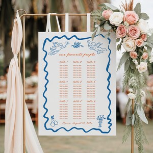 Italian seating chart sign Mediterranean summer Guest list seating sign Funky doodle Cupid Hand drawn wedding Table seating plan Blue orange