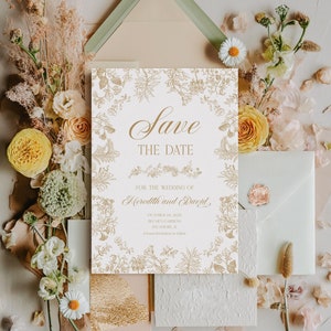 Toile Save The Date Karte Gold floral Vintage Hochzeit, französisch Toile de Jouy Chinoiserie Save the Date, viktorianisches Regency-Thema