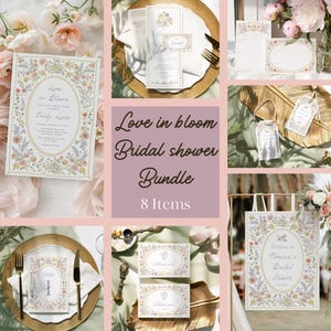 Love in Bloom Bridal Shower Invitation Bundle, Vintage Wildflower Pastel Floral Editable Set