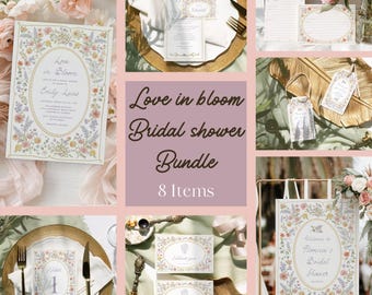 Paquete de invitaciones para despedida de soltera "Love in Bloom", conjunto floral vintage con flores silvestres en tonos pastel editables