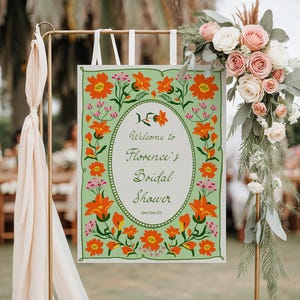 Floral Bridal shower welcome sign Love in Bloom Sign, Colorful orange green pink flowers, Spring summer garden Wildflower bridal shower sign