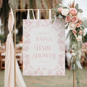 Chinoiserie welcome sign Pink floral Baby shower decor vintage toile Baby shower Sign, Toile de Jouy style Girl Baby shower decoration