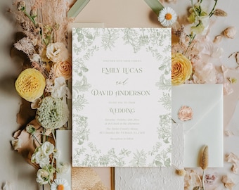 Sage green Toile wedding invitation Vintage floral wedding invite, Victorian wedding theme Toile de Jouy Chinoiserie wedding invitation